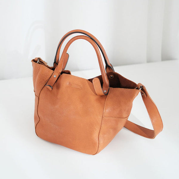 Womens Genuine Leather Bucket Bags Brown Leather Crossbody Bag Handmade