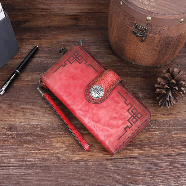 Vintage Womens Genuine Leather Clutch Wallet Purse Zip Around Wallet For Women