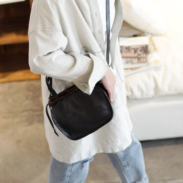 Womens Genuine Leather Crossbody Drawstring Bucket Bag Handbags For Women Cool