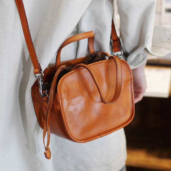 Womens Genuine Leather Crossbody Drawstring Bucket Bag Handbags For Women Genuine Leather