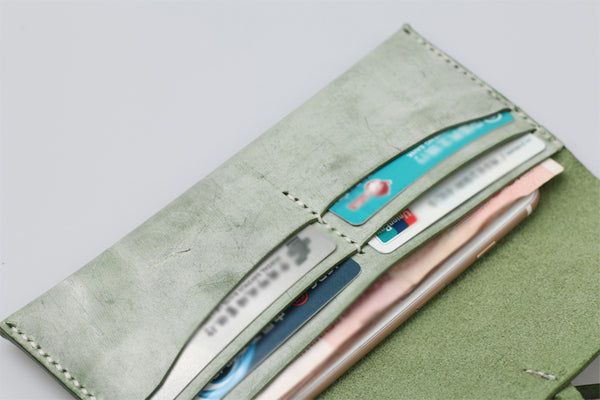 Womens Green Leather Slim Long Wallets Clutch Purses for Women Designer