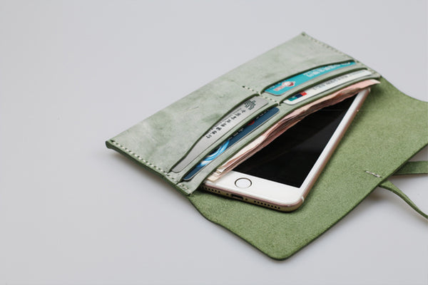 Womens Green Leather Slim Long Wallets Clutch Purses for Women Details