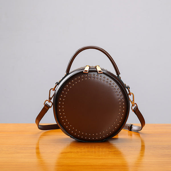 Womens Leather Circle Bag Crossbody Bags Shoulder Bag Purses for Women Brown