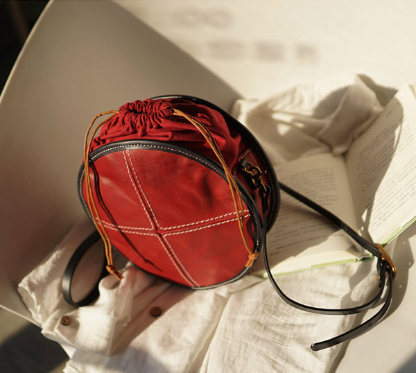 Womens Tan Leather Circle Bag Round Purse Over The Shoulder Purse for Women