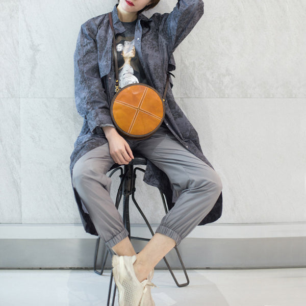 Womens Leather Circle Bag Round Purse Small Crossbody Purse for Women Brown