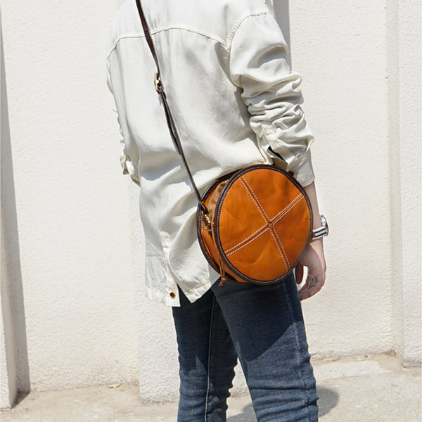 Womens Leather Circle Bag Round Purse Small Crossbody Purse for Women Designer