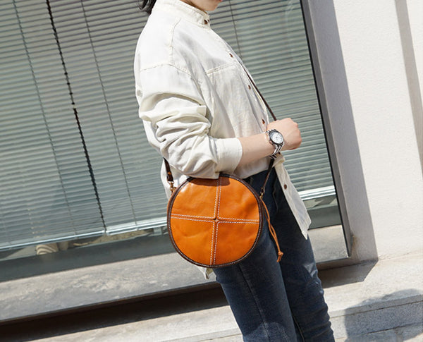 Womens Leather Circle Bag Round Purse Small Crossbody Purse for Women Handmade