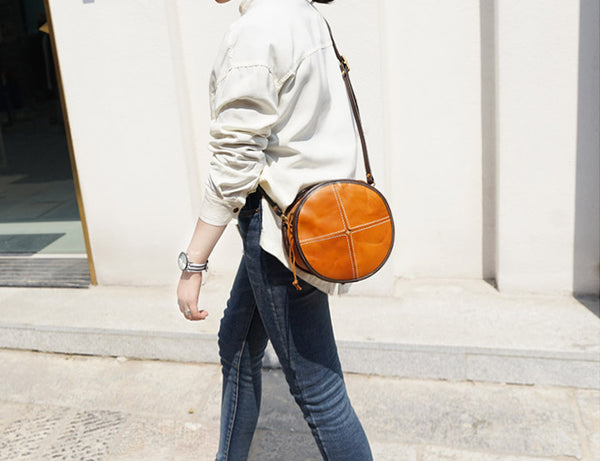 Womens Leather Circle Bag Round Purse Small Crossbody Purse for Women Original