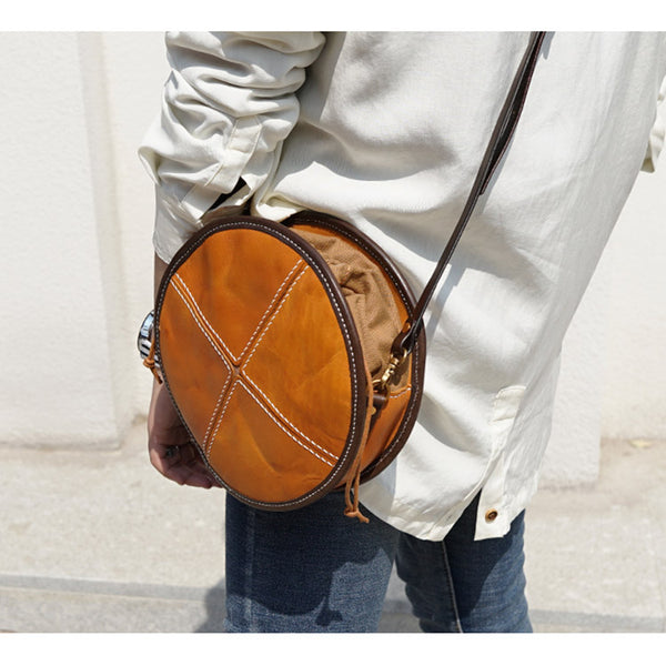 Womens Leather Circle Bag Round Purse Small Crossbody Purse for Women cute