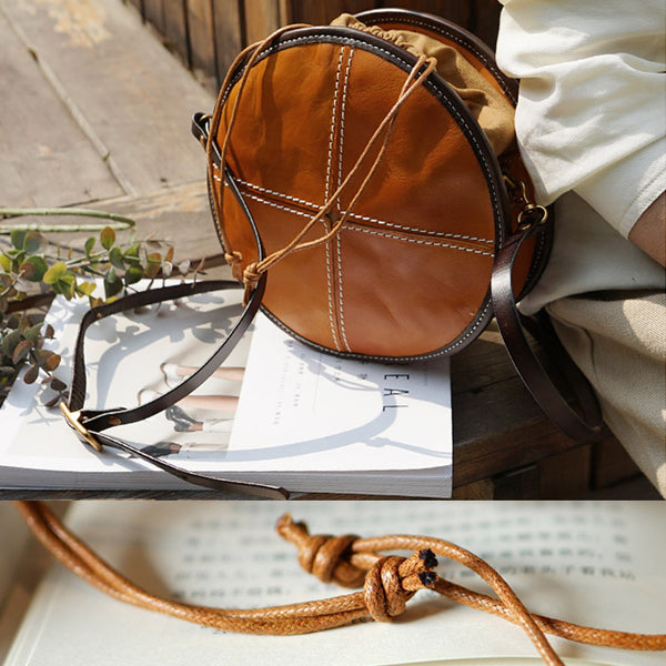 Womens Leather Circle Bag Round Purse Small Crossbody Purse for Women fashion