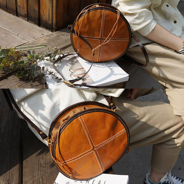 Womens Leather Circle Bag Round Purse Small Crossbody Purse for Women funky