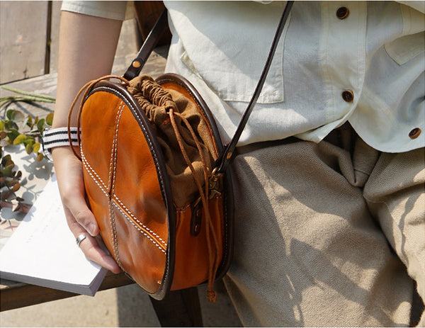 Womens Leather Circle Bag Round Purse Small Crossbody Purse for Women gift