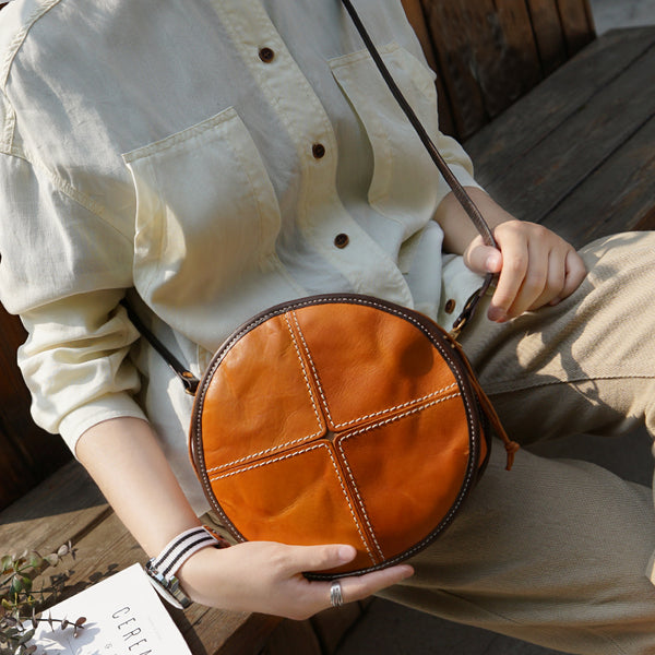 Womens Tan Leather Circle Bag Round Purse