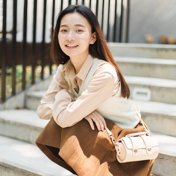 Small Womens Leather Barrel Crossbody Bags Leather Handbags for Women