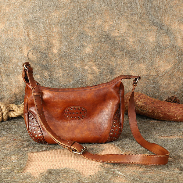 Womens Leather Hobo Crossbody Brown Shoulder Bag With Rivets  Accessories