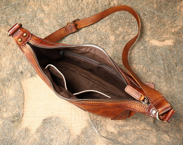 Womens Leather Hobo Crossbody Brown Shoulder Bag With Rivets  Fashion