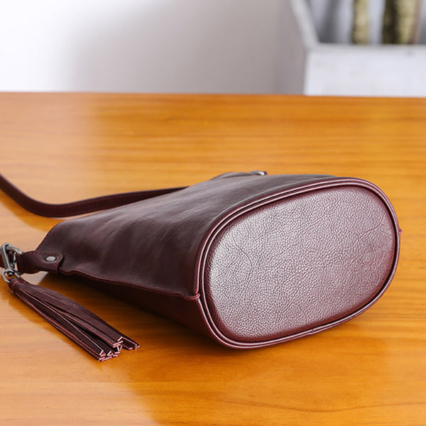 Womens Leather Tassels Bucket Bag Crossbody Bags Purse Shoulder Bag Handmade