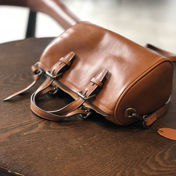 Vintage Womens Leather Barrel-Shaped Boston Shoulder Bag Handbag with Zipper Closure