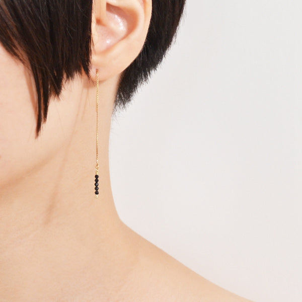 Womens Long 14 Gold Thread Earrings Black Spinel Beaded Dangle Earrings