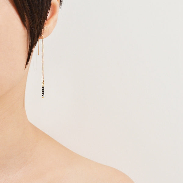 Long 14K Gold Thread Earrings Black Spinel Dangle Earrings for Women