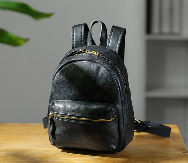 Womens Mini Black Leather Backpack Bag Womens Leather Rucksack Cowhide