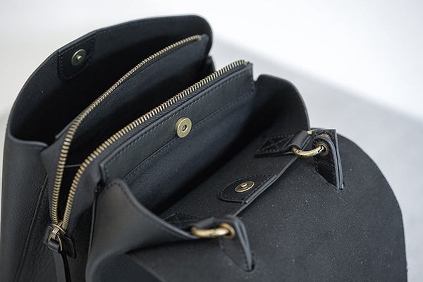 Womens Mini Black Leather Backpack Bag Cute Backpacks For Women Handmade