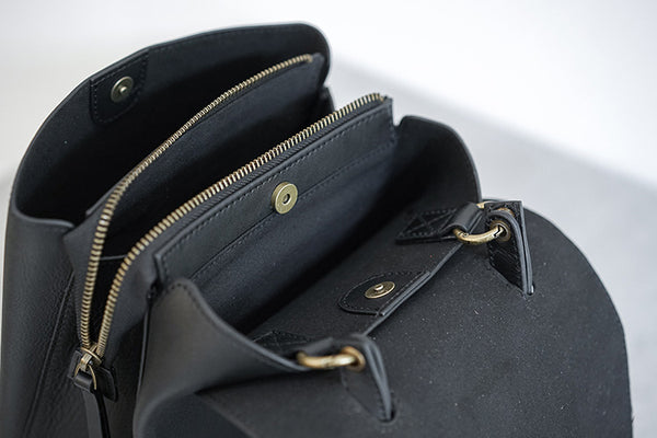 Womens Mini Black Leather Backpack Bag Cute Backpacks For Women Handmade