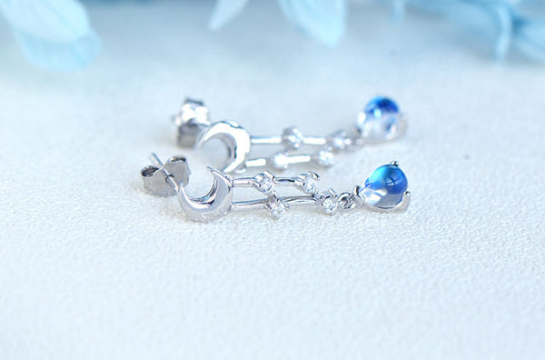 Womens Moonstone Stud Earrings White Gold Plated Silver Dangle Earrings For Women Fashion