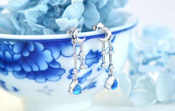 Womens Moonstone Stud Earrings White Gold Plated Silver Dangle Earrings For Women Gift