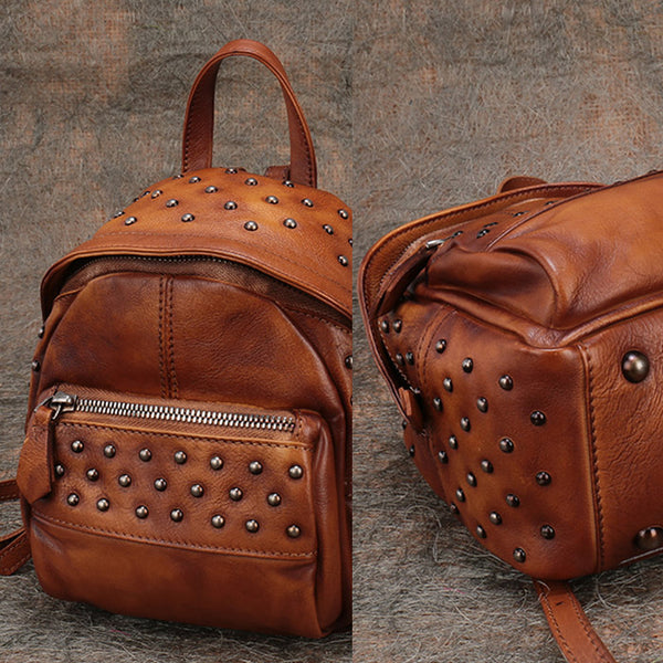 Womens Rivets Leather Small Backpack Purse Cool Backpacks for Women Brown