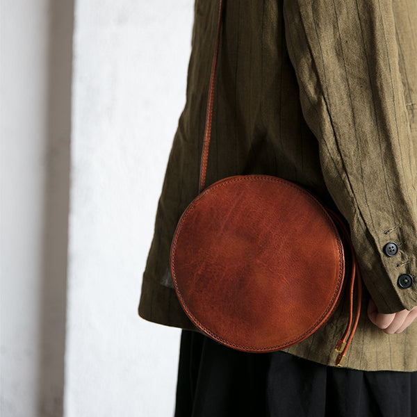 Womens Round Tan Leather Crossbody Bag Circle Bag Purse Shoulder Bag Brown