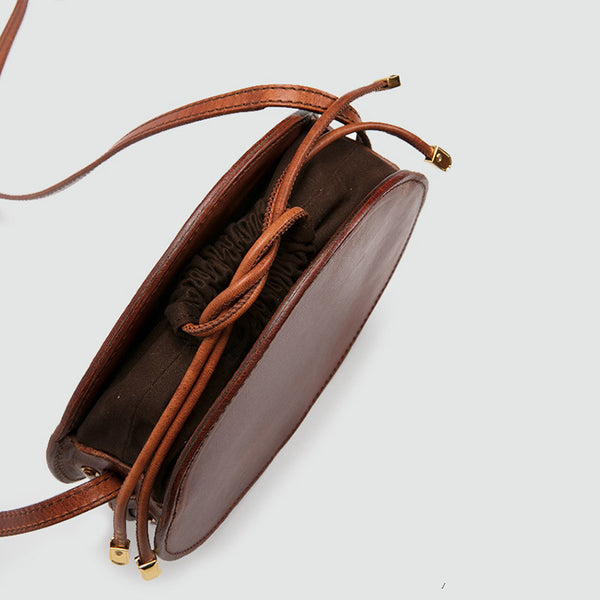 Womens Round Tan Leather Crossbody Bag Circle Bag Purse Shoulder Bag Details