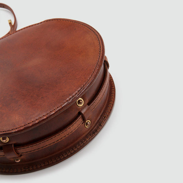 Womens Round Tan Leather Crossbody Bag Circle Bag Purse Shoulder Bag Genuine Leather