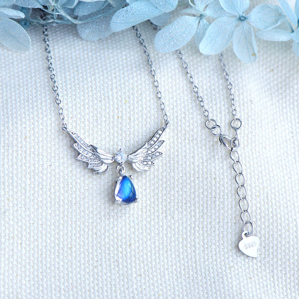 Womens Silver Blue Moonstone Guardian Angel Pendant Necklace For Women