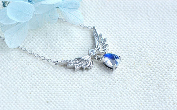Womens Silver Blue Moonstone Guardian Angel Pendant Necklace For Women Chic