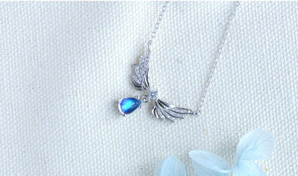 Womens Silver Blue Moonstone Guardian Angel Pendant Necklace For Women Cute