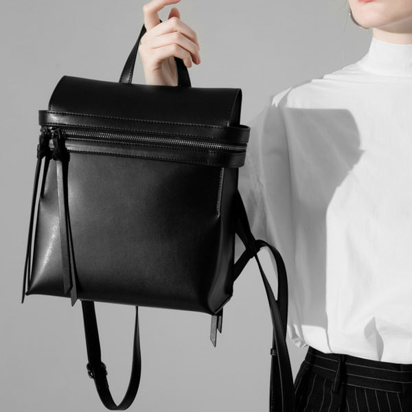 Womens Small Black Leather Backpack Purse Genuine Leather Zip Backpack Handbag for Women beautiful