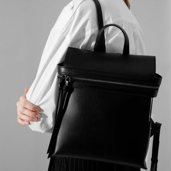 Womens Small Black Leather Backpack Purse Genuine Leather Zip Backpack Handbag for Women cool