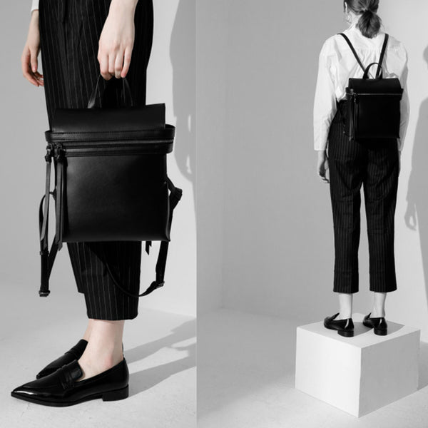 Womens Small Black Leather Backpack Purse Genuine Leather Zip Backpack Handbag for Women cute