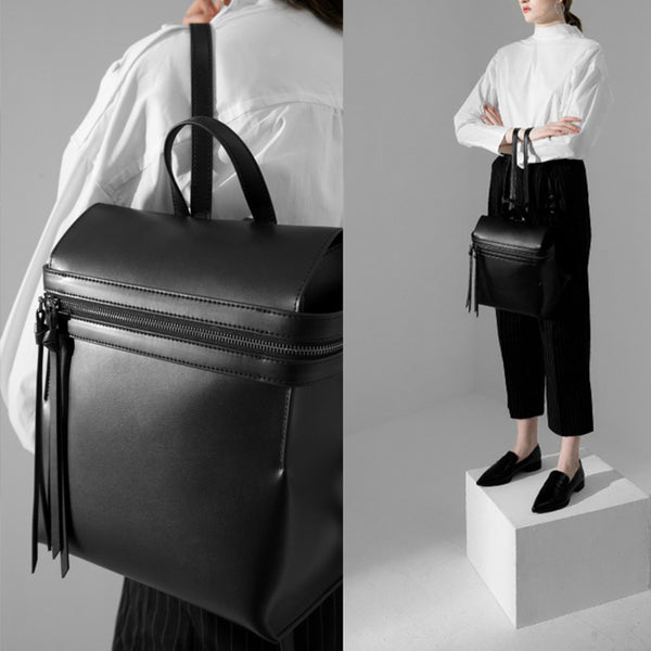 Womens Small Black Leather Backpack Purse Genuine Leather Zip Backpack Handbag for Women fashion