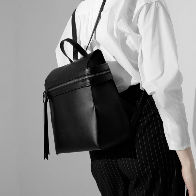 Womens Small Black Leather Backpack Purse Genuine Leather Zip Backpack Handbag for Women