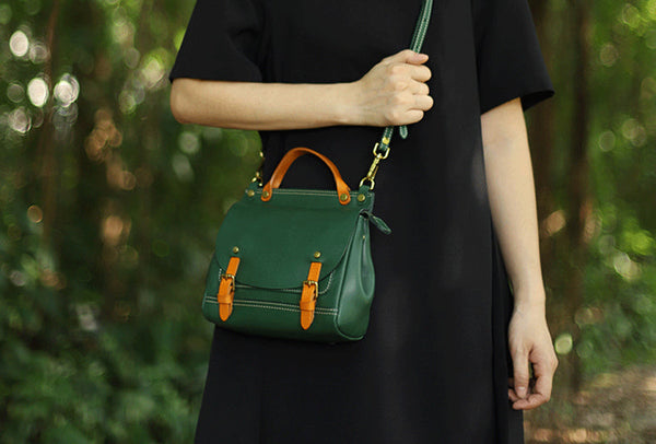 Womens Small Green Leather Shoulder Bag Satchel Backpack For Women Casual