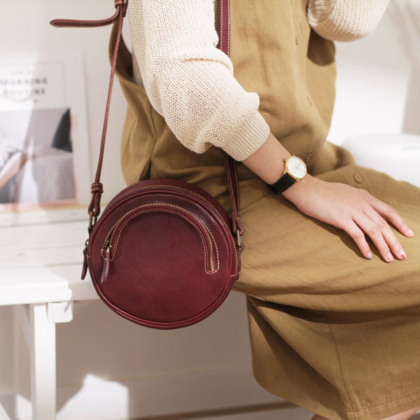 Womens Small Red Leather Circle Crossbody Purse Over The Shoulder Bag For Women Affordable