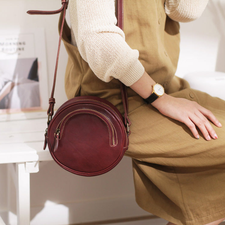 Womens Small Red Leather Circle Crossbody Purse Over The Shoulder Bag For Women Affordable