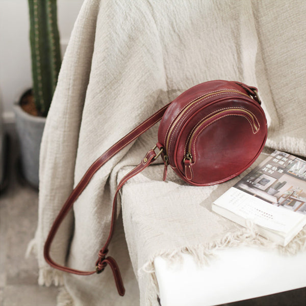 Womens Small Red Leather Circle Crossbody Purse Over The Shoulder Bag For Women Beautiful