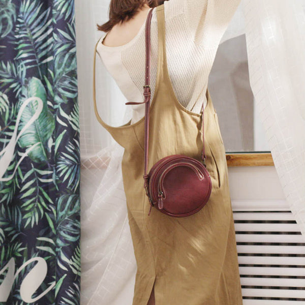 Womens Small Red Leather Circle Crossbody Purse Over The Shoulder Bag For Women Chic