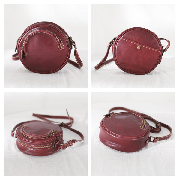 Womens Small Red Leather Circle Crossbody Purse Over The Shoulder Bag For Women Details