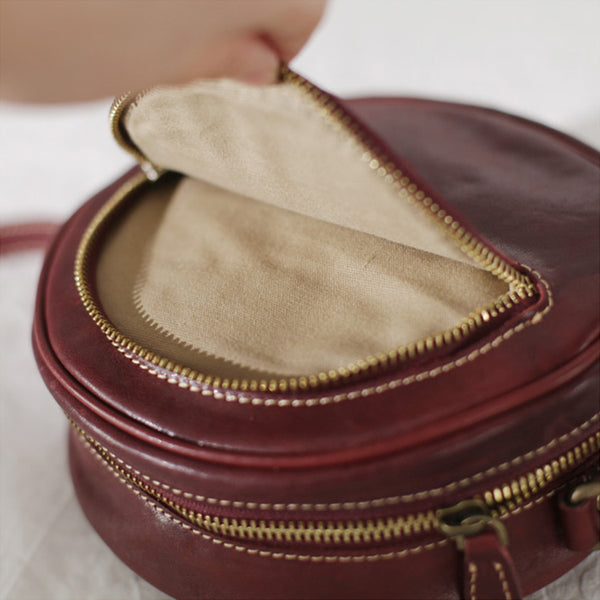 Womens Small Red Leather Circle Crossbody Purse Over The Shoulder Bag For Women Durable