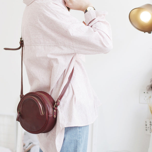 Womens Small Red Leather Circle Crossbody Purse Over The Shoulder Bag For Women