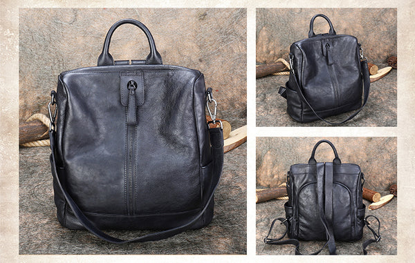 Womens Genuine Leather Rucksack Backpack Cross Shoulder Bag for Women Black